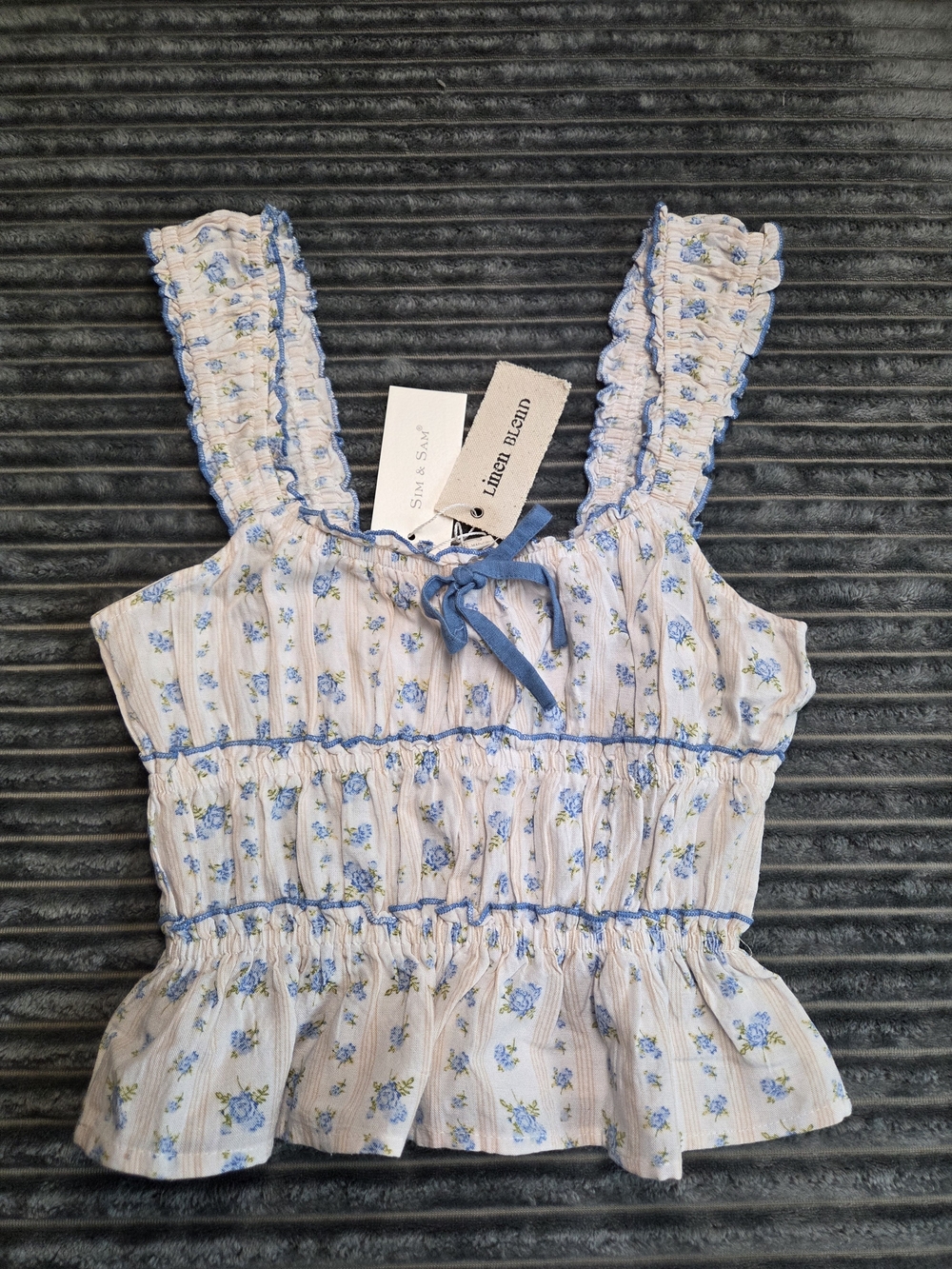 Linen Blend Women's Blue Floral Smocked Peplum Tank